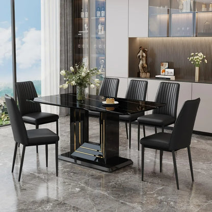 Dining Table Set for 6, Table and Chairs for 6, Black Faux Marble Pattern Table with 6 Dining Chairs Suitable for Kitchen Sets