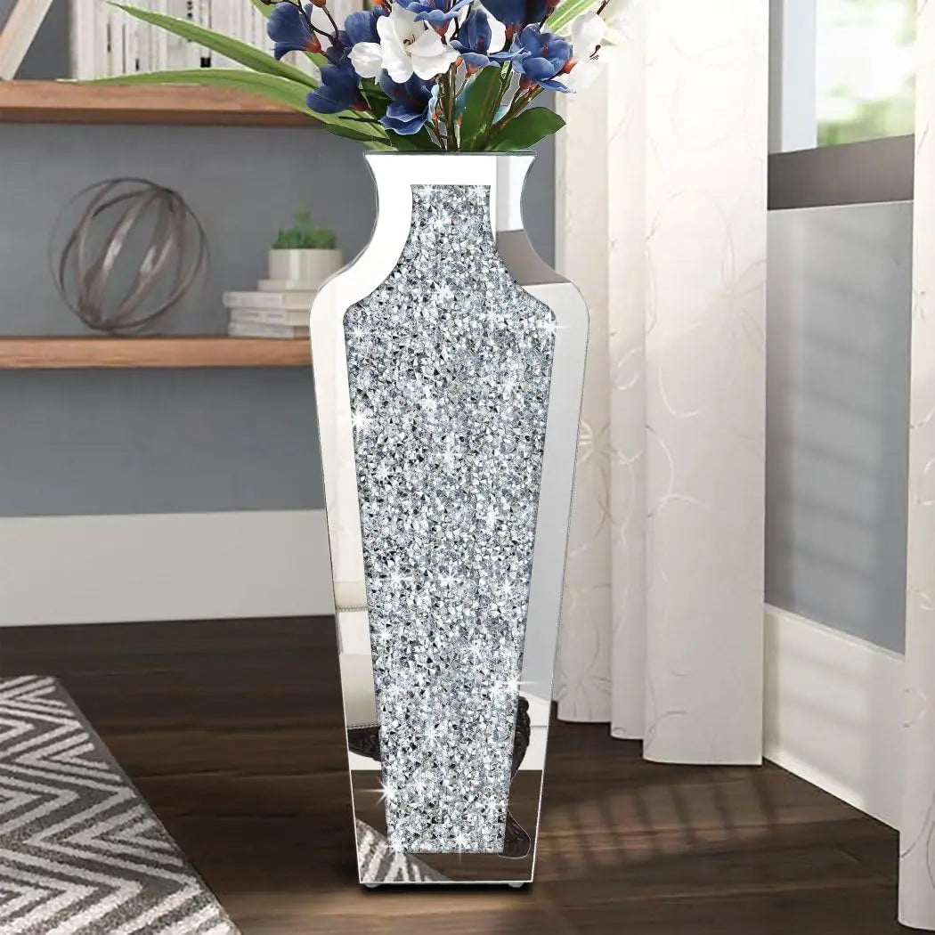 Crushed Diamond Mirrored Vase 27” Tall, Crystal Silver Glass Mirror Vase Large