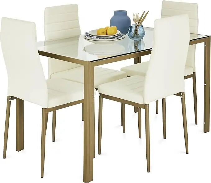 Glass Dining Set Modern Kitchen Table Furniture for Dining Room Dinette Compact Space-Saving w/Glass Tabletop PU Chairs