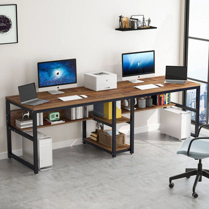 Tribesigns Two Person Desk with Bookshelf, 78.7 Computer Office Double Desk for Two Person, Rustic Writing Desk Workstation