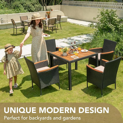 5 PCS Furniture, Patio Conversation Set with Acacia Wood Top, Rattan Outdoor Dining Table and Chairs for Backyard, Garden