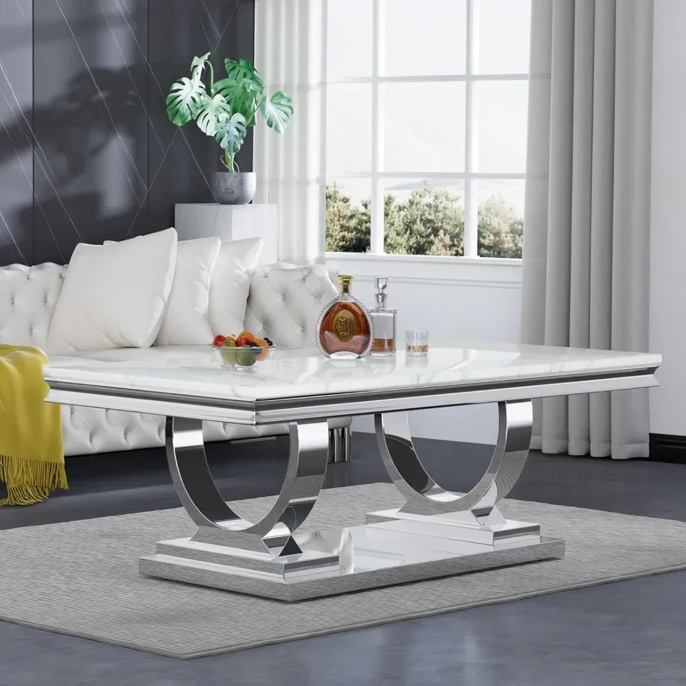 47" Rectangular Coffee Table, Modern White Faux Marble Cocktail Table, with Mirrored Finish Stainless Steel Base