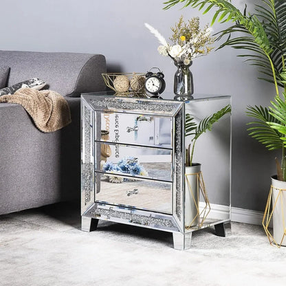 Mirrored Nightstand Glass End Table, 23" W Silver Mirrored Bedside Table with Storage, Glass