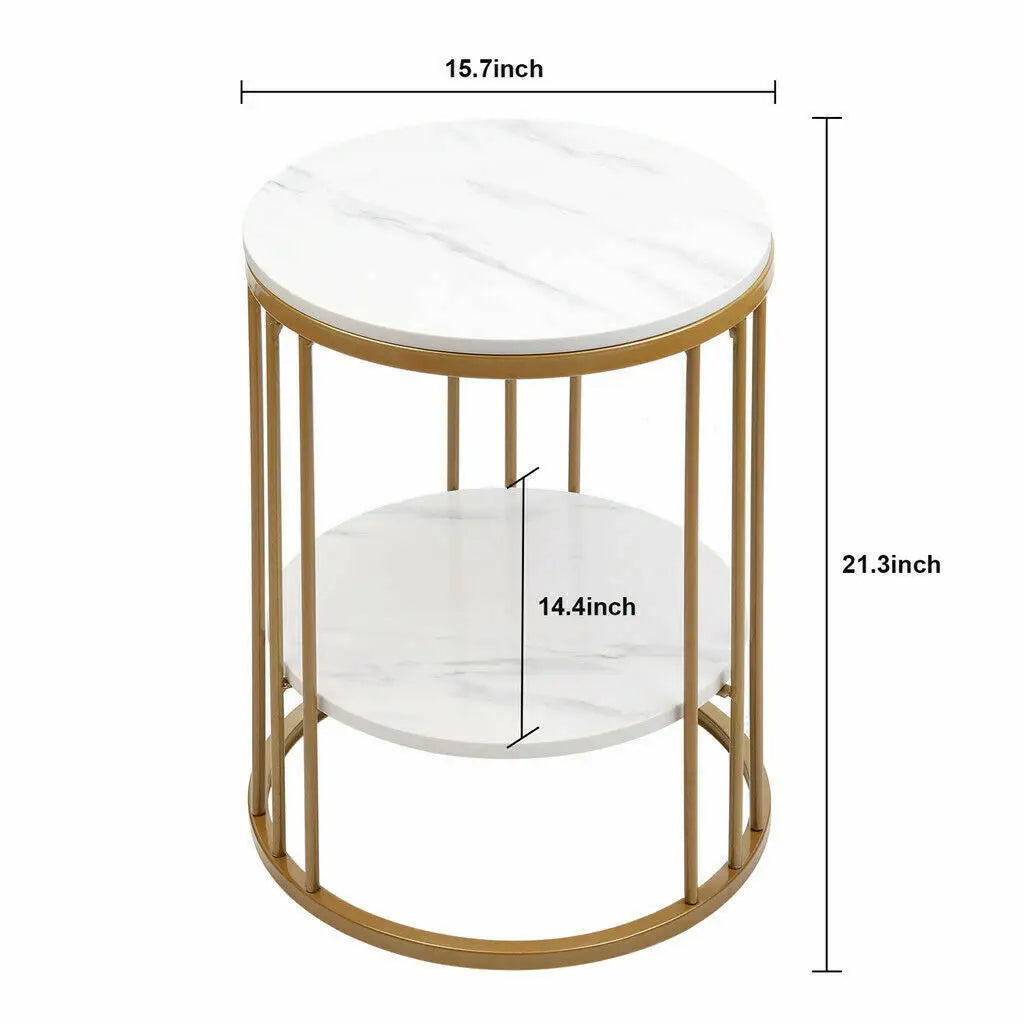 2-Tier White Marble Side Table Round Coffee Table Nightstand Jewellery Storage