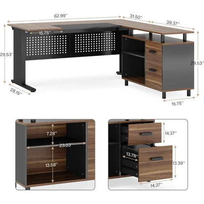 63 Inch Desk with File Cabinet, L Shaped Computer Desk with Drawers and Storage Shelves, Desk Workstation for Home and office