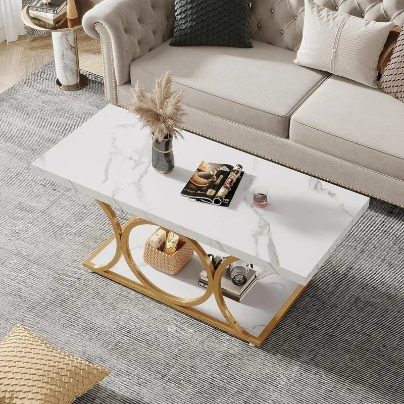 47.24" Modern Coffee Table: 2-Tier Faux Marble & Wood Table