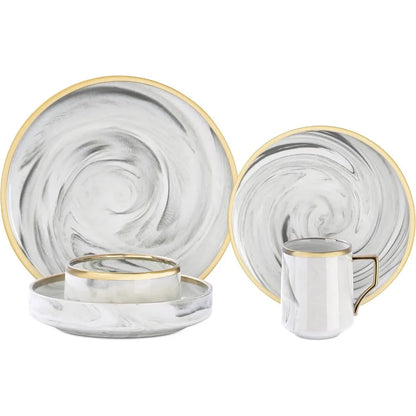 Fine China Artisan Marbled 20pc Dinnerware Set, Grey with Gold Line