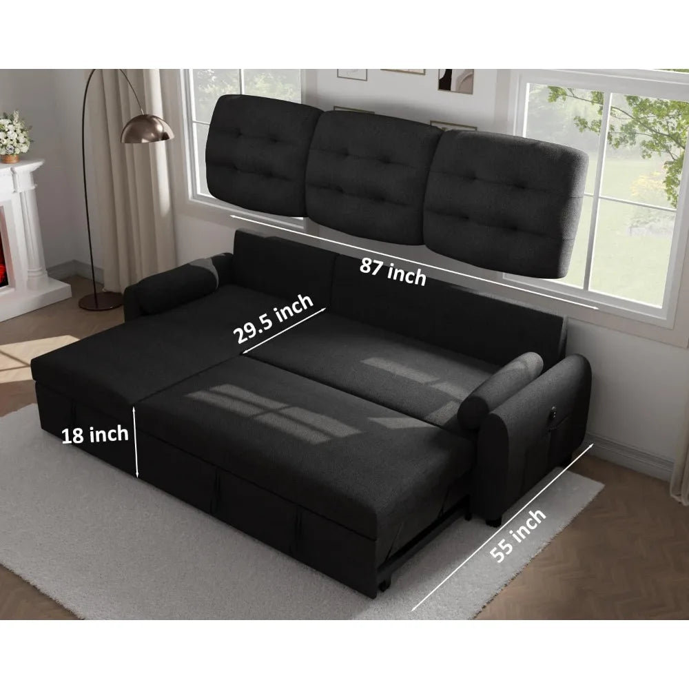 Sectional Sofa Couch, 87" Sleeper Sofa Bed with Reversible Storage Chaise Pull Out Couch for Living Room | Side Pocket