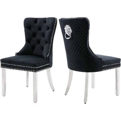 Dining Room Chairs Set of 2, Luxury Velvet Kitchen Chair Sliver Metal Legs, Tufted Upholstered Back Lion (Pull Ring),