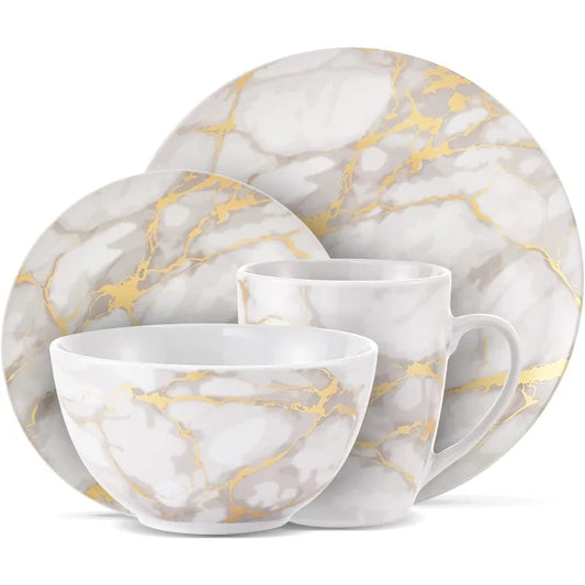 Marble Plates and Bowls Sets, Modern Kitchen 12-Piece Dinnerware Sets, Indoor and Outdoor Plates