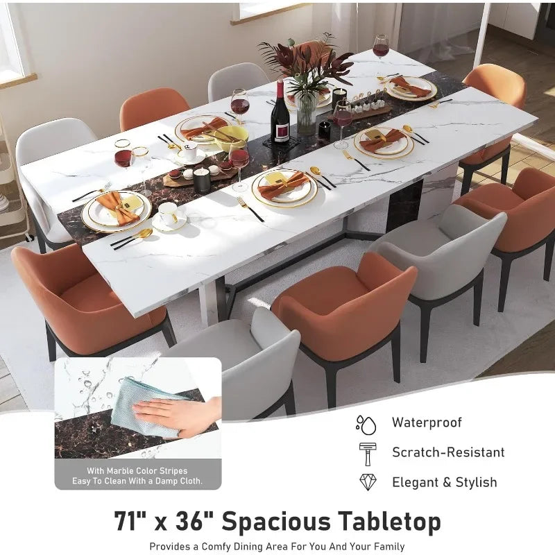 71" Large Luxurious Rectangular White Dining Table for 6 8 10 People W/Marble-Color Wood Tabletop,Metal Adjustable Leg