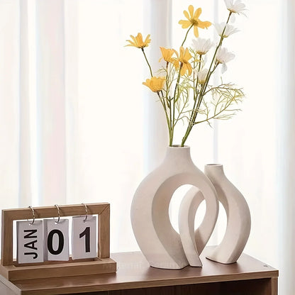 Ceramic Vase Set of 2 for Modern Home. Hollow Flower Vases for Room Bookshelf