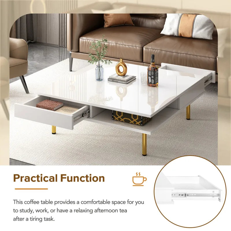 Exquisite High Gloss Coffee Table with 4 Golden Legs and 2 Small Drawers, 2-Tier Square Center Table