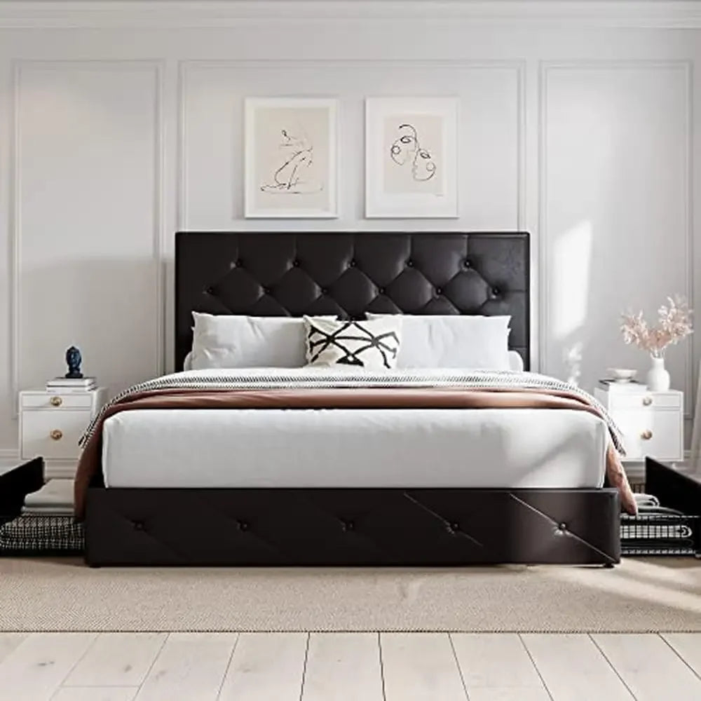 King Platform Storage Bed Frame 4 Drawers Adjustable Headboard Faux Leather Diamond Button Tufted Sturdy Wooden Slats Luxurious