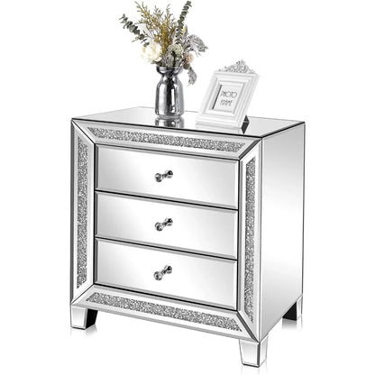 Mirrored Nightstand Glass End Table, 23" W Silver Mirrored Bedside Table with Storage, Glass