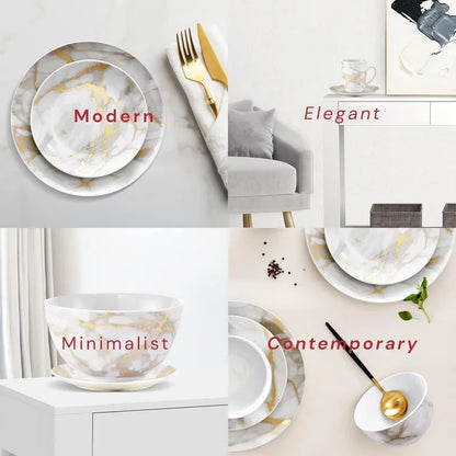 Marble Plates and Bowls Sets, Modern Kitchen 12-Piece Dinnerware Sets, Indoor and Outdoor Plates