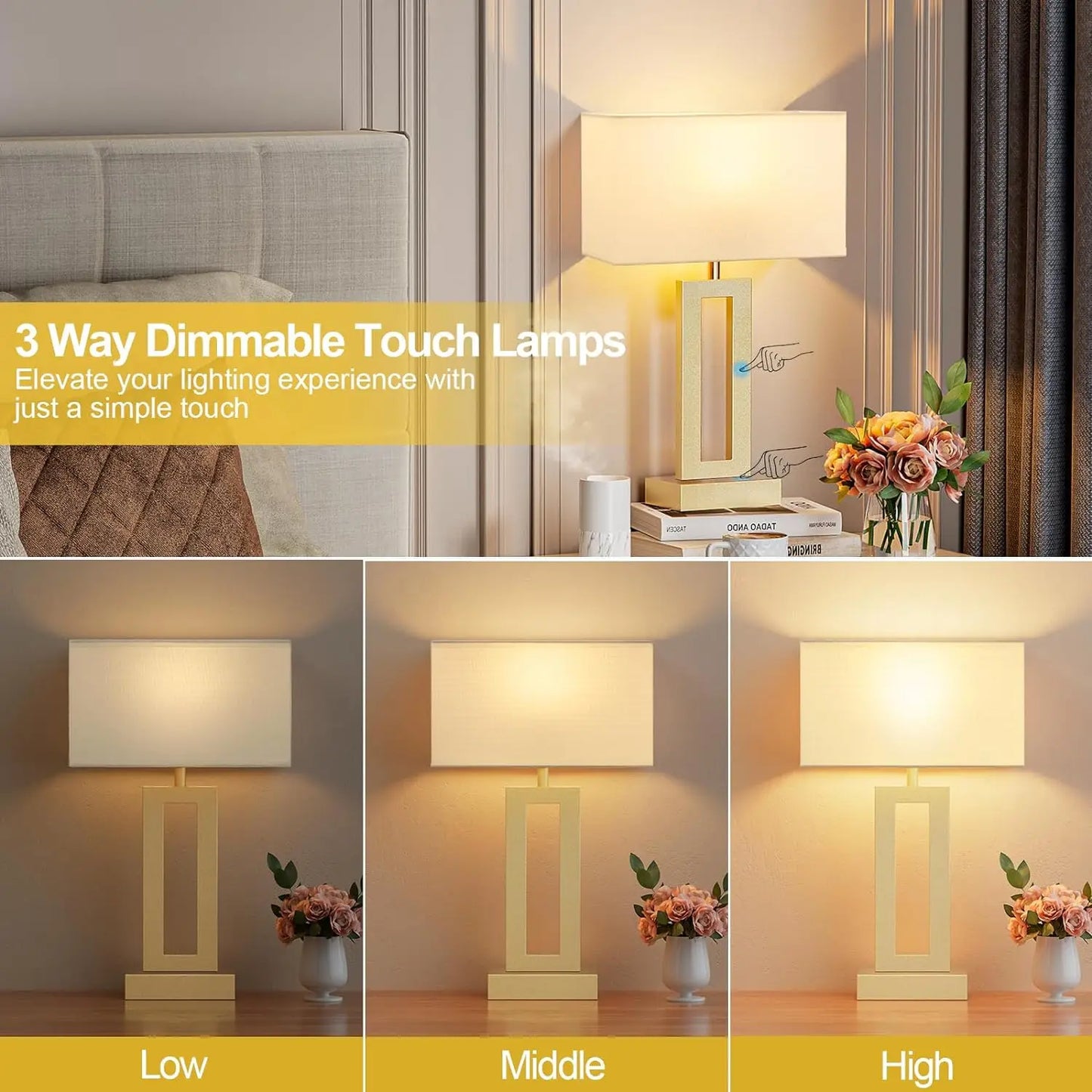 Table Lamps Set of 2 - Touch Bedside Lamps with USB C+A, 3 Way Dimmable Gold Lamp