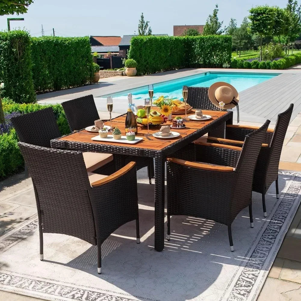 Patio Furniture Sets, Dining 7 PCS Furniture, Patio Conversation Set with Acacia Wood TableTop, Outdoor Furniture Sets