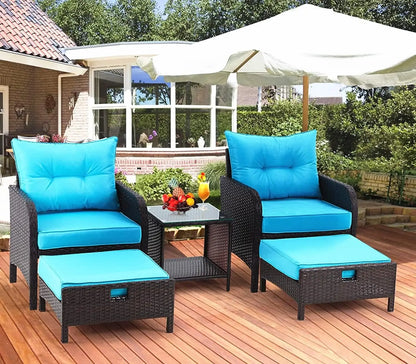 Patio Furniture Set, Outdoor Rattan Chairs with Tempered Glass Coffee Table, Ottomans & Soft Cushions, Wicker Conversation  Set