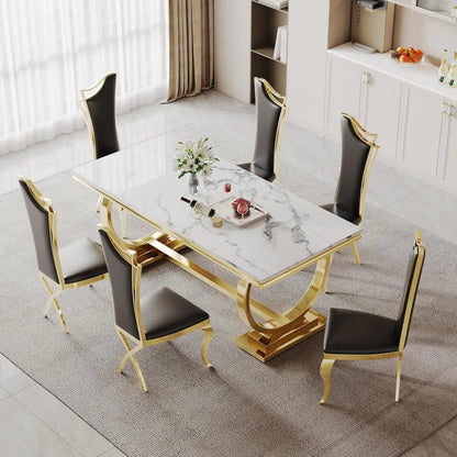 Dining Chairs Set of 2,Modern Leather Upholstered Chairs with High Backrest Gold/Stainless Steel Legs