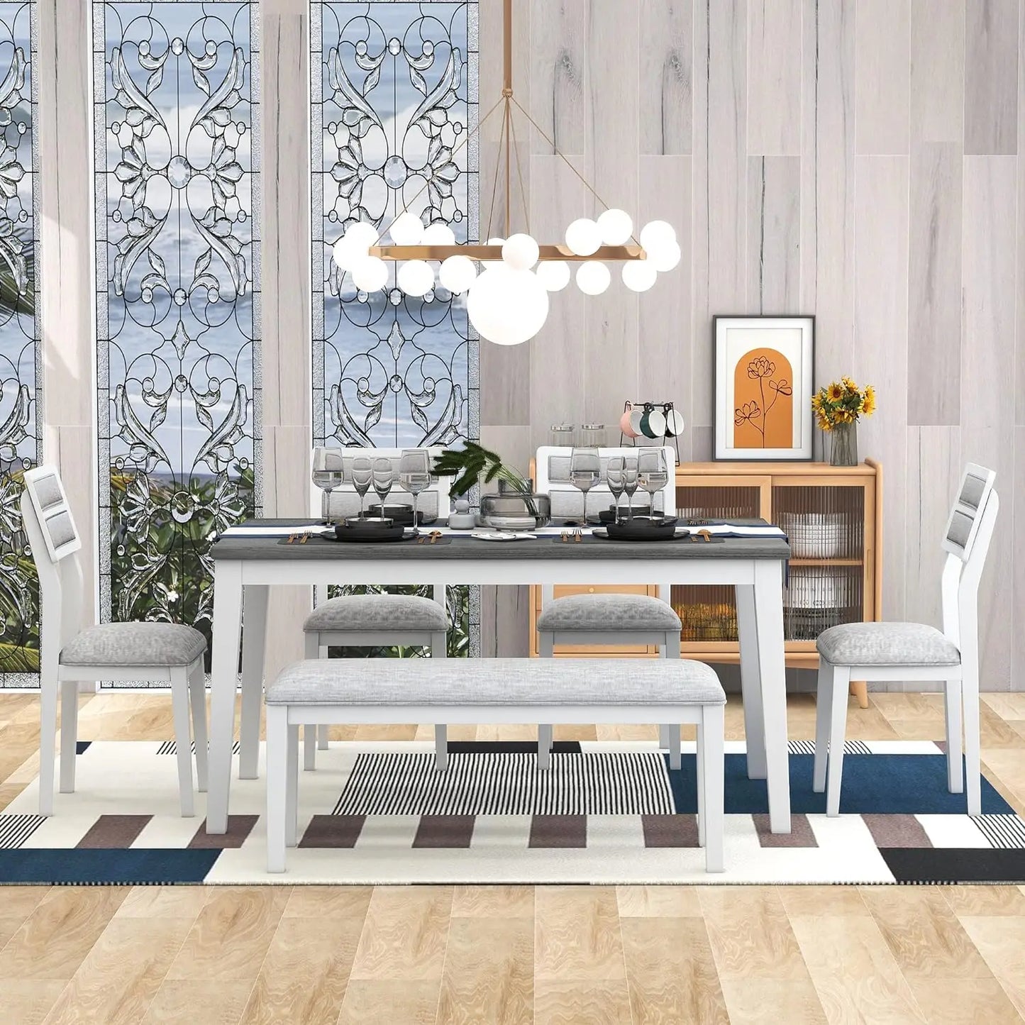 6-Piece Room Classic and Traditional Style, Wooden Dining Table 4 Upholstered Chairs & Bench, Kitchen Furniture Set