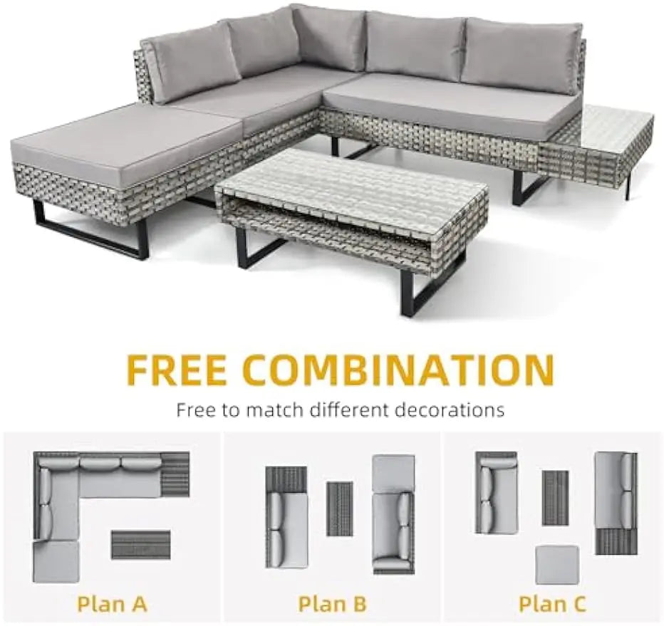 Patio Furniture Set, Sectional L-Shaped Sofa, for Patio Backyard Poolside Porch, Wicker Conversation Set with Coffee Table