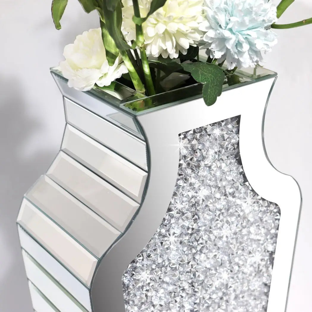 Crushed Diamond Mirrored Vase 27” Tall, Crystal Silver Glass Mirror Vase Large