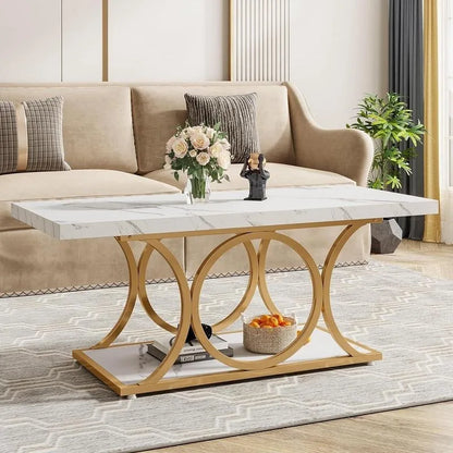 47.24" Modern Coffee Table: 2-Tier Faux Marble & Wood Table