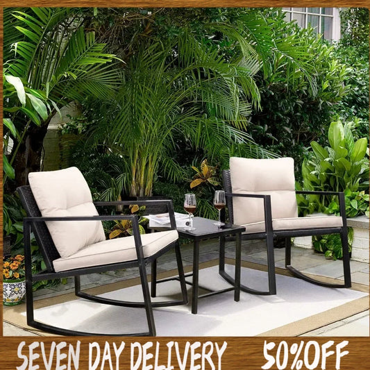 3 Pieces Rocking Wicker Bistro Set, Patio Outdoor Furniture Conversation Sets with Porch Chairs and Glass Coffee Table, Beige