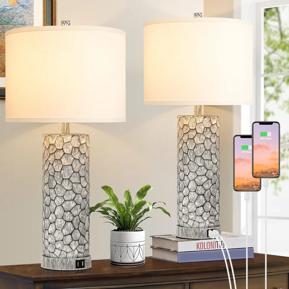 Table Lamps with Dual USB Charging Ports Set of 2 for Bedroom Living Room, 25” Tall Rustic Desk Lamps