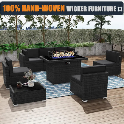 8 Pieces Patio Furniture Conversation Sofa Set with 44" Propane Gas Fire Pit Table, Outdoor Sectional Black Rattan Wicker