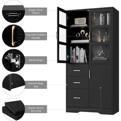 67”H Display Cabinet with Glass Displays Cabinets Doors & Shelves & 3 Drawers & Gold Handle, Modern Tall Storage Display Cabinet