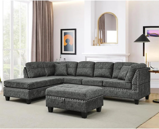 Living Room Furniture Sets,Sectional Sofa with Storage Ottoman,L-Shaped 2 Pillows&Extra Wide Reversible Chaise,Upholstered Couch