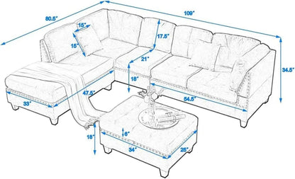 Living Room Furniture Sets,Sectional Sofa with Storage Ottoman,L-Shaped 2 Pillows&Extra Wide Reversible Chaise,Upholstered Couch