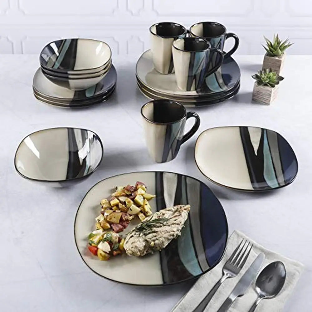 16pcs Stoneware Dinnerware Set Teal Round Glaze Service 4 Bowls Mugs Casual Organic Design