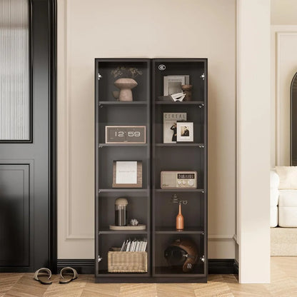 Display Cabinet with Glass Doors & Lights for Home Office Living Room Pantry, Modern Metal Display Cabinet