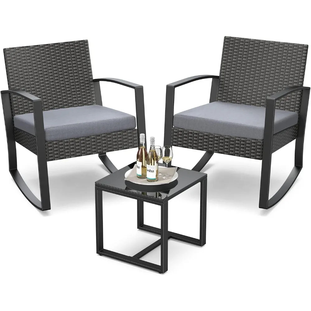 Patio Furniture Set Rocking Bistro Set Outdoor Rattan Conversation with Coffee Table for Garden Balcony Backyard