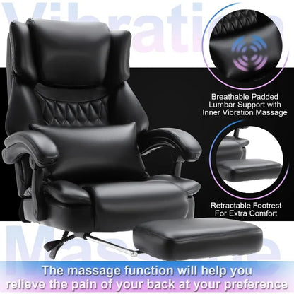 High Back Massage Reclining Office Chair with Footrest - Executive Computer Home Desk Massaging Lumbar Cushion