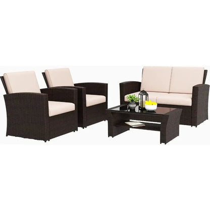 4 Piece Outdoor Patio Furniture Sets, Rattan Sofa Chair with Cushion for Backyard Lawn Garden