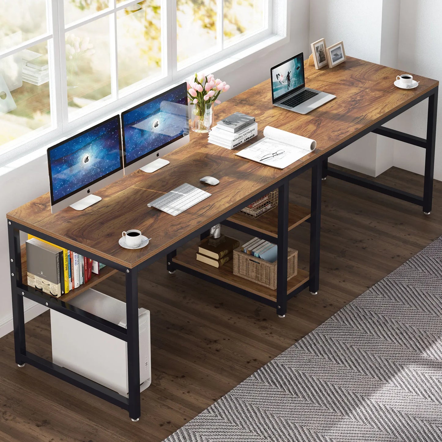 Tribesigns Two Person Desk with Bookshelf, 78.7 Computer Office Double Desk for Two Person, Rustic Writing Desk Workstation