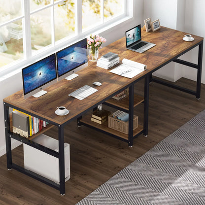 Tribesigns Two Person Desk with Bookshelf, 78.7 Computer Office Double Desk for Two Person, Rustic Writing Desk Workstation