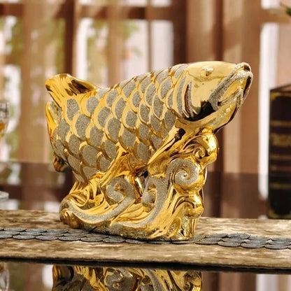 European Ceramic Handicraft Gold Arowana Porcelain Figurine Feng Shui