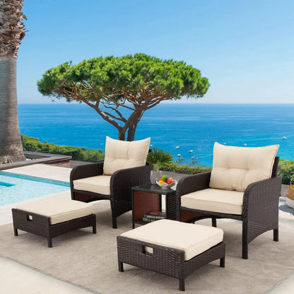 Patio Furniture Set, Outdoor Rattan Chairs with Tempered Glass Coffee Table, Ottomans & Soft Cushions, Wicker Conversation  Set