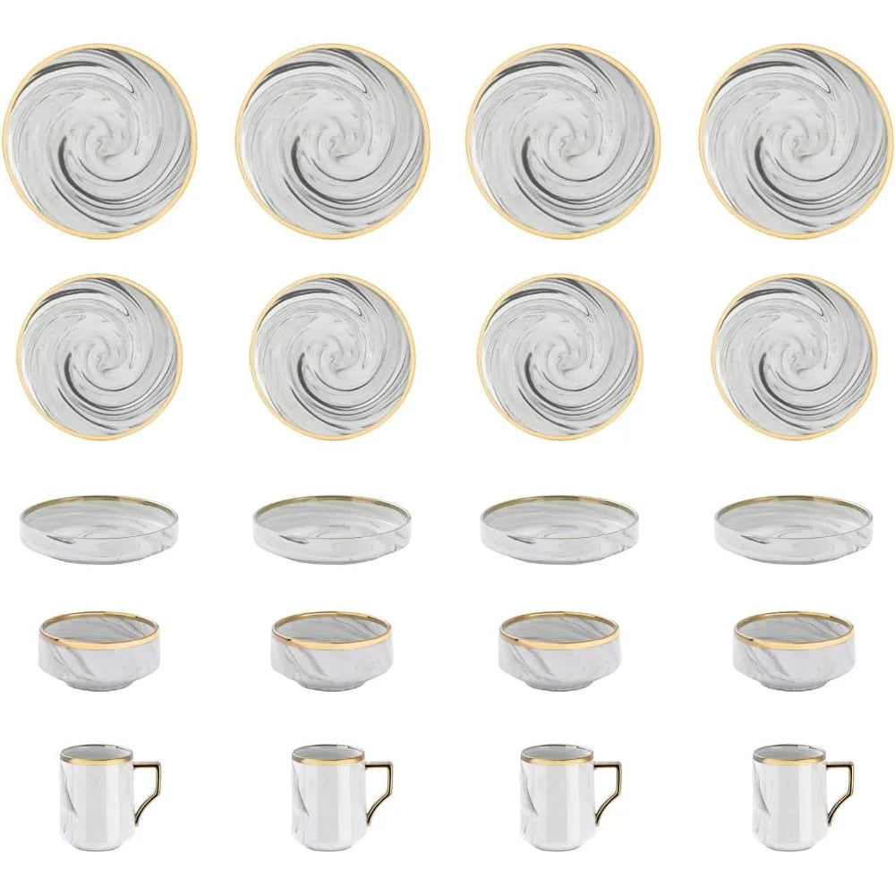 Fine China Artisan Marbled 20pc Dinnerware Set, Grey with Gold Line