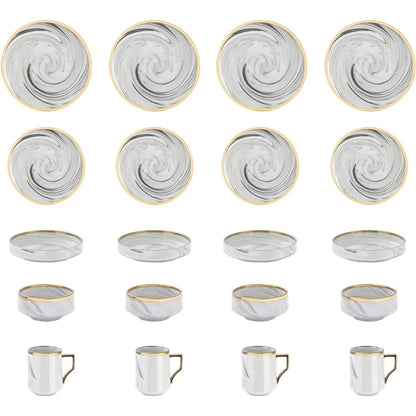 Fine China Artisan Marbled 20pc Dinnerware Set, Grey with Gold Line