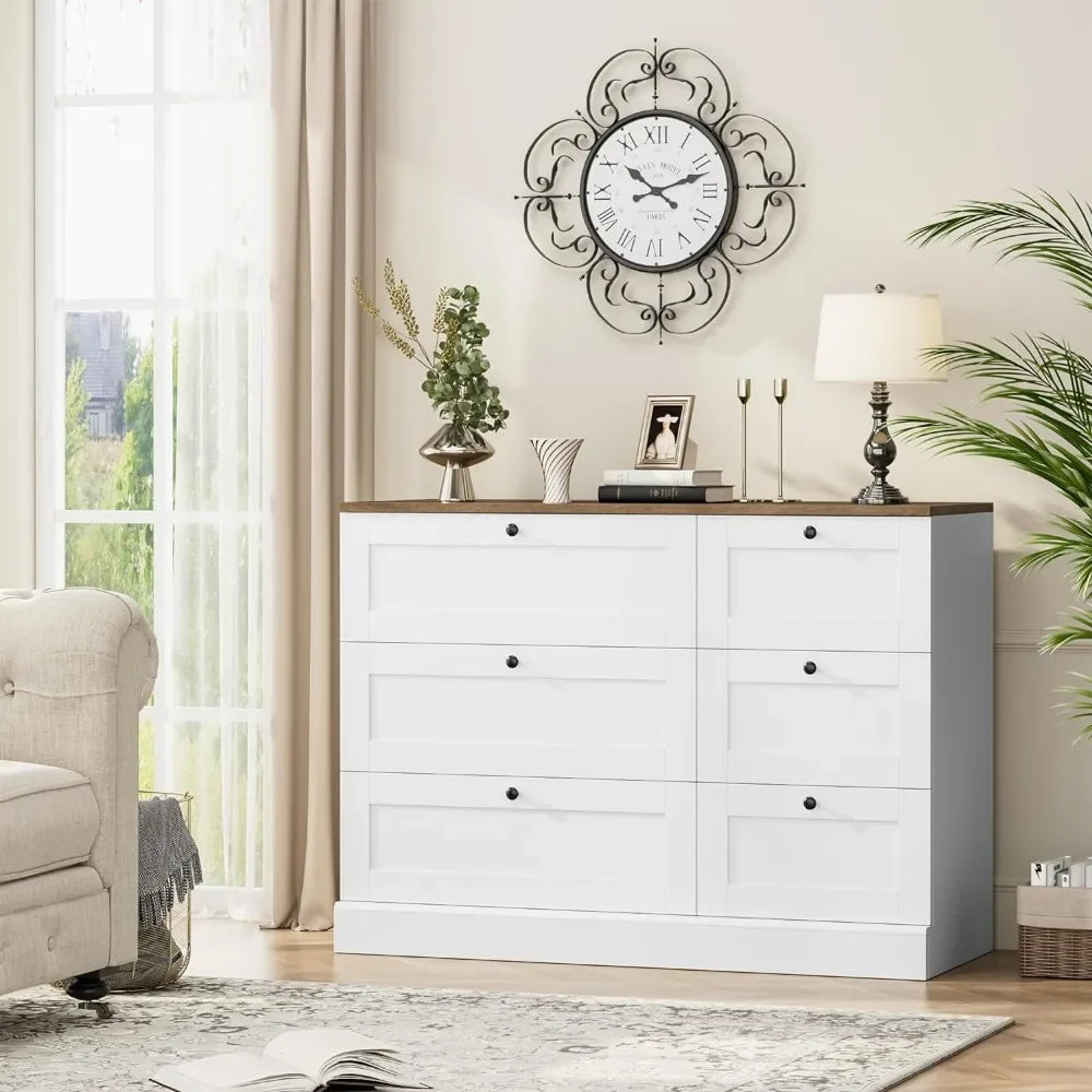 6 Drawer Dresser, White Dresser for Bedroom, Wood Chest of Drawers, Wide Double Dresser