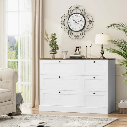 6 Drawer Dresser, White Dresser for Bedroom, Wood Chest of Drawers, Wide Double Dresser