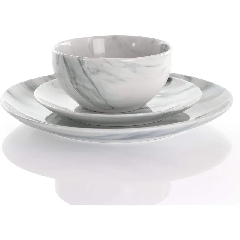 Fine Round Gloss Dinnerware Dish Set, 16 Piece, Black and White Marble