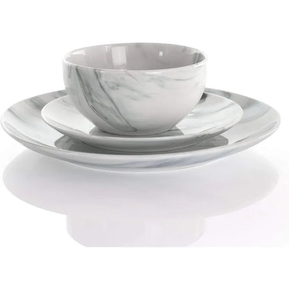 Fine Round Gloss Dinnerware Dish Set, 16 Piece, Black and White Marble