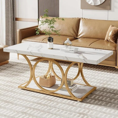 47.24" Modern Coffee Table: 2-Tier Faux Marble & Wood Table